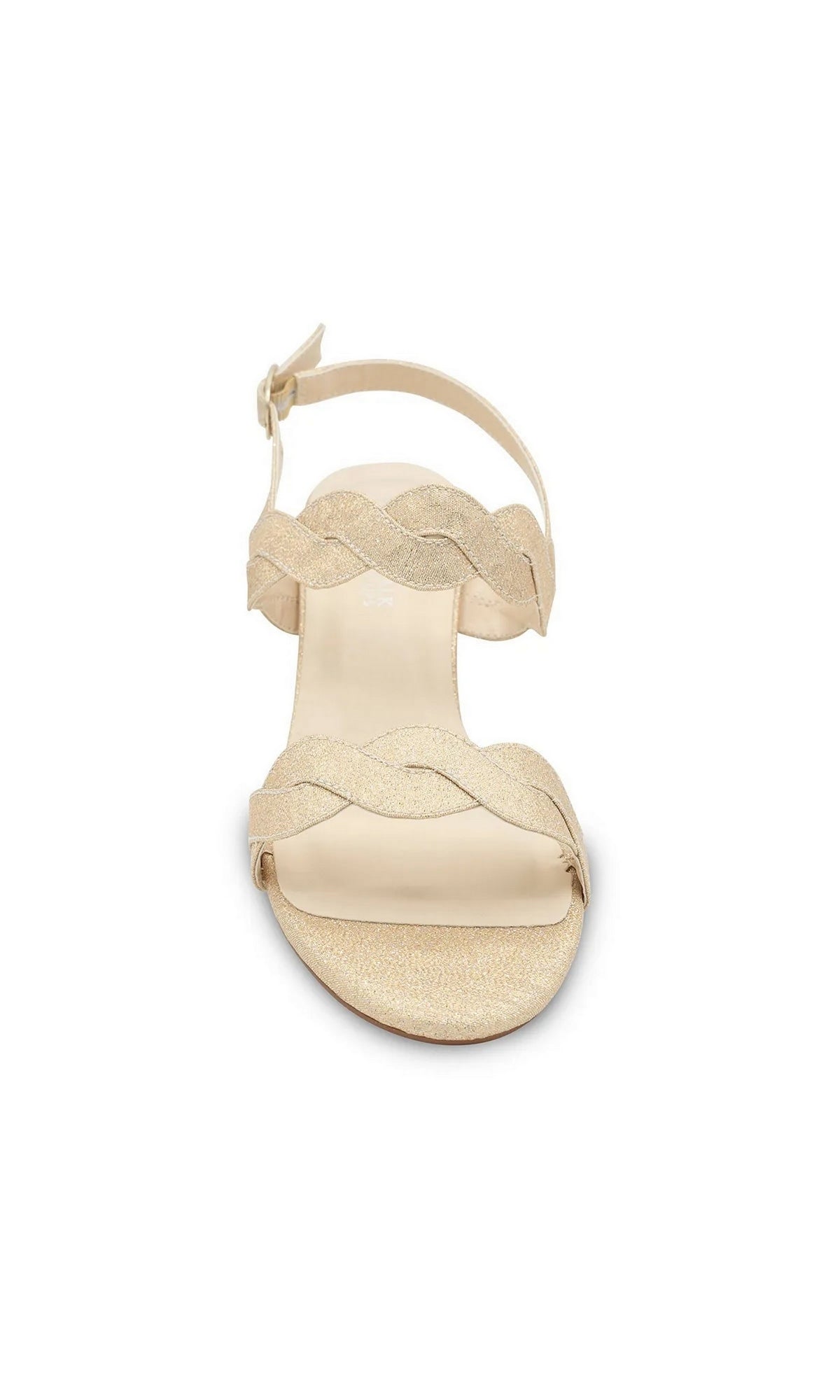 Simone Champagne Prom Shoes: Touch Ups 4682, a champagne-colored slingback sandal with two braided glitter straps across the front and a low block heel.