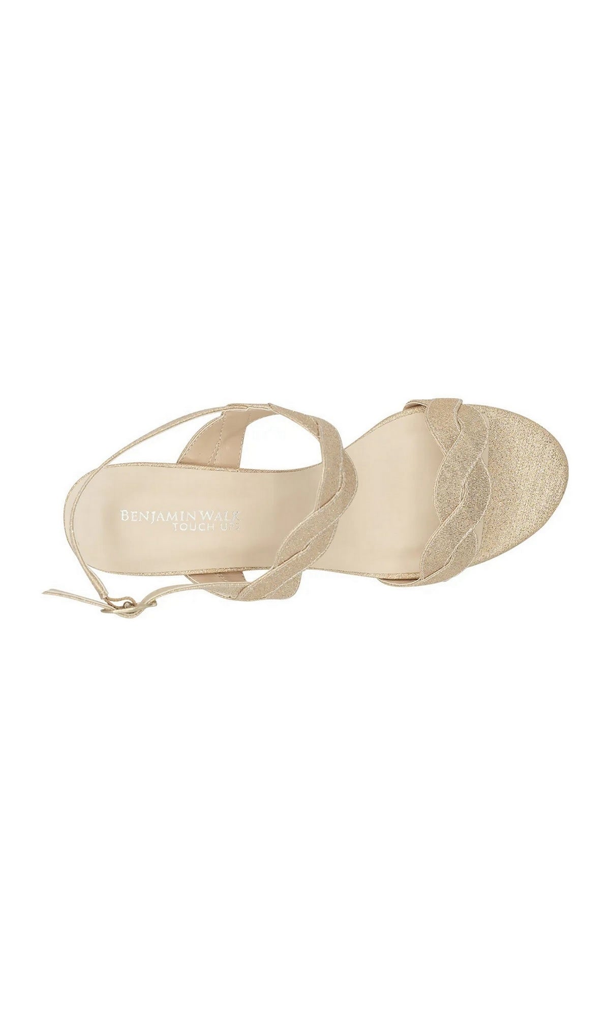 Simone Champagne Prom Shoes: Touch Ups 4682 are champagne-colored block heel sandals featuring braided glitter straps and an ankle buckle.