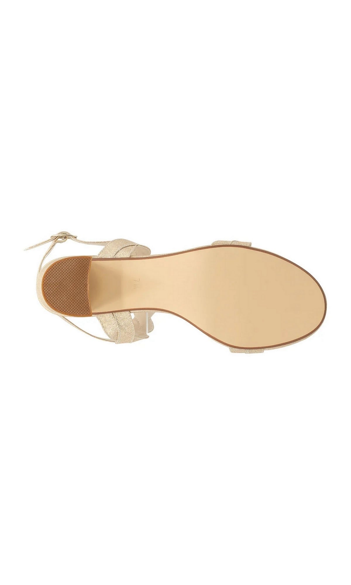 Bottom view of a shimmering gold Simone Champagne Prom Shoes: Touch Ups 4682 block heel sandal with braided glitter straps and an ankle strap.