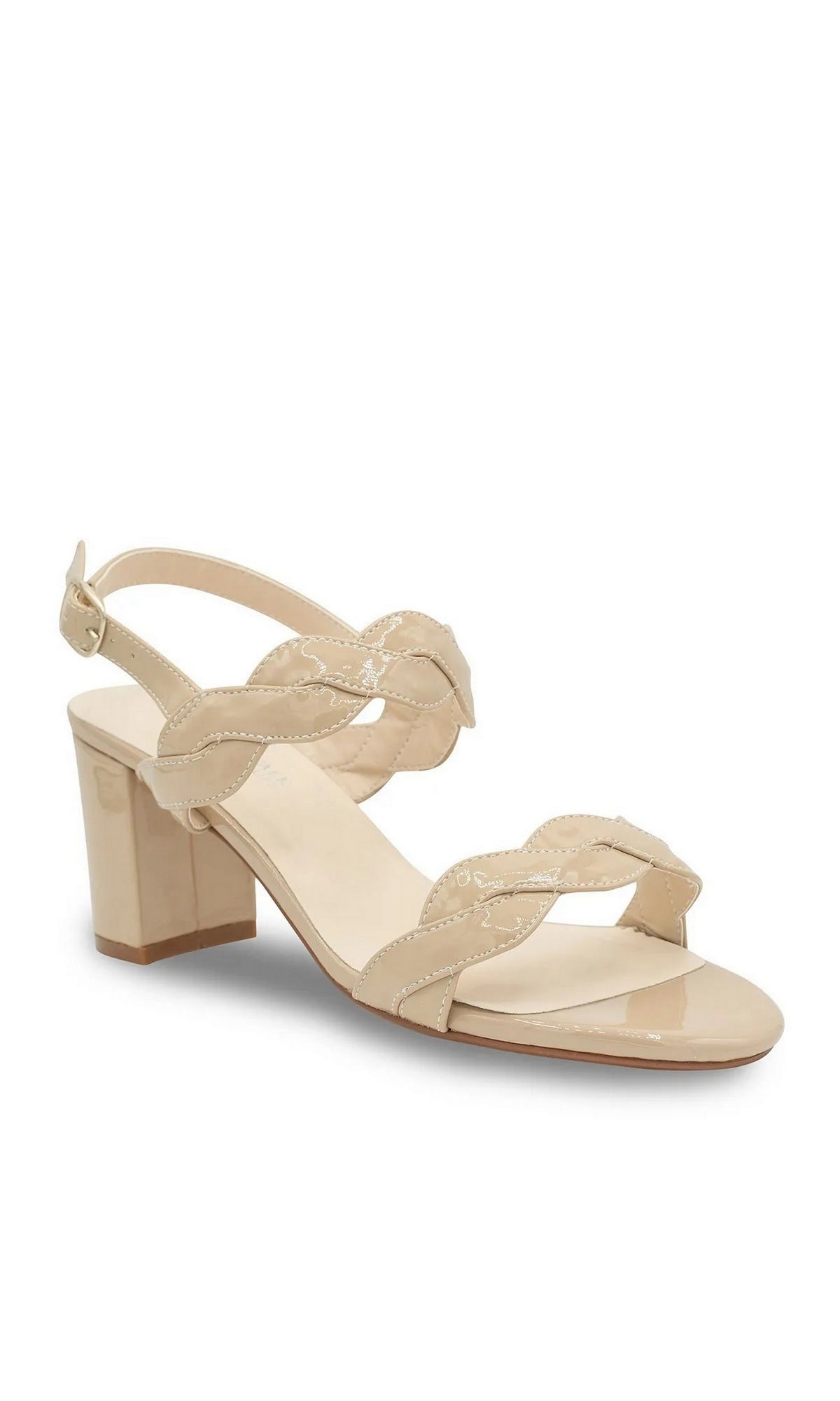 Simone Nude Block Heel Prom Shoes: Touch Ups 4684 are nude block-heel sandals with a slingback strap and braided-style top straps.