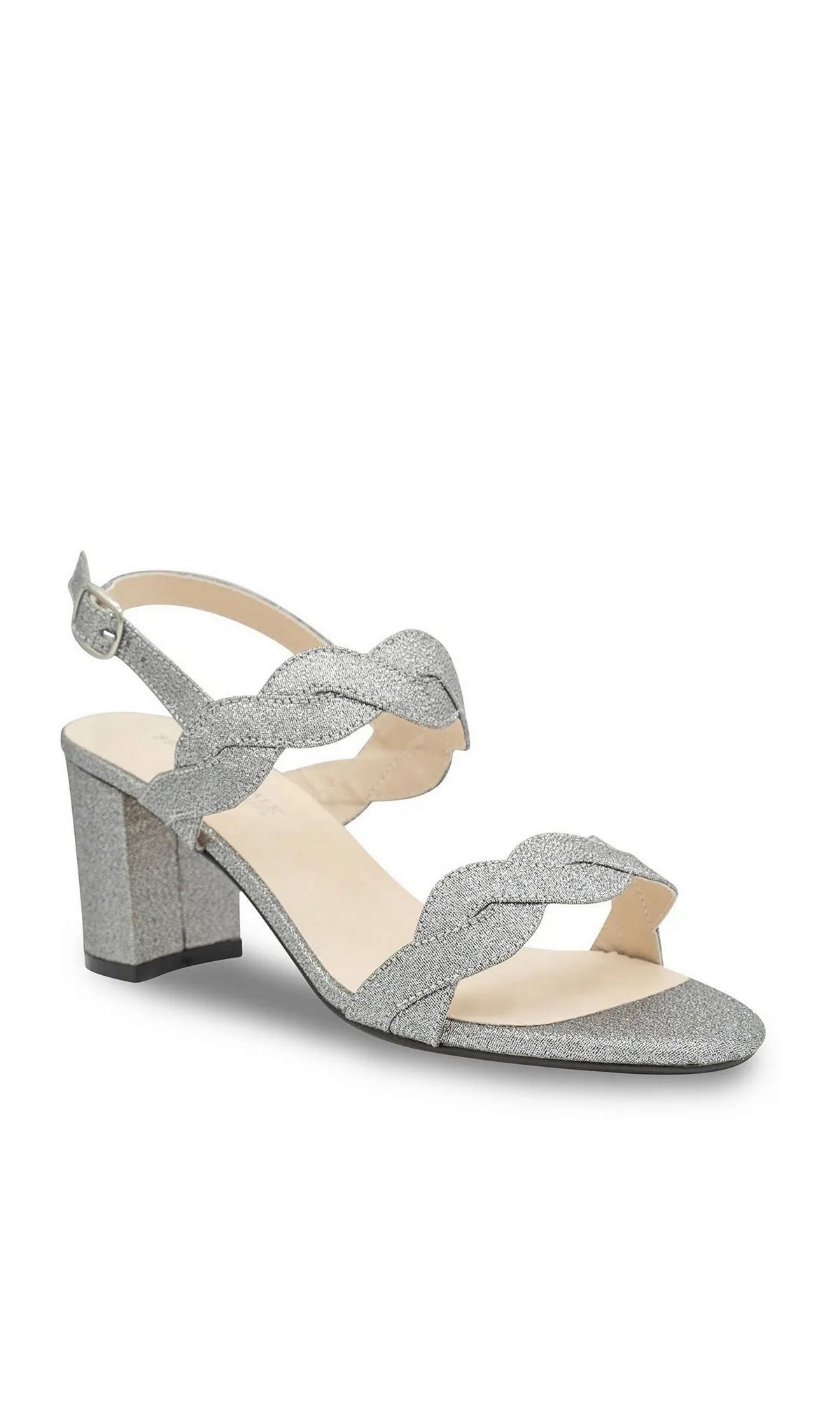 Simone Pewter Prom Shoes: Touch Ups 4683 pewter glitter block-heel sandals featuring two braided straps and an adjustable slingback ankle strap.