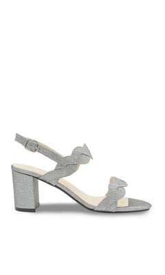 Simone Pewter Prom Shoes: Touch Ups 4683 are silver glitter block-heel sandals with an ankle strap and scalloped strap details.