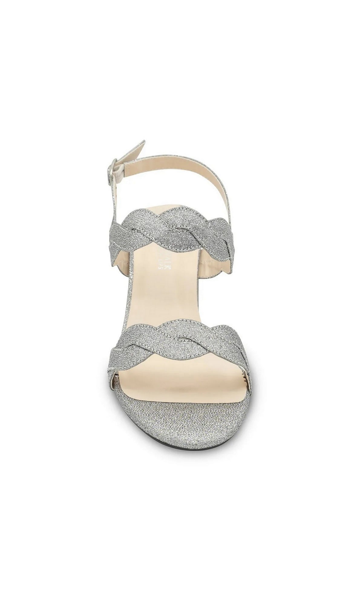 Simone Pewter Prom Shoes: Touch Ups 4683 are silver glittery pewter block heel shoes with two braided front straps and an adjustable ankle strap.
