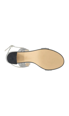 Bottom view of a glittery pewter Simone Pewter Prom Shoes: Touch Ups 4683 block heel sandal with an ankle strap.
