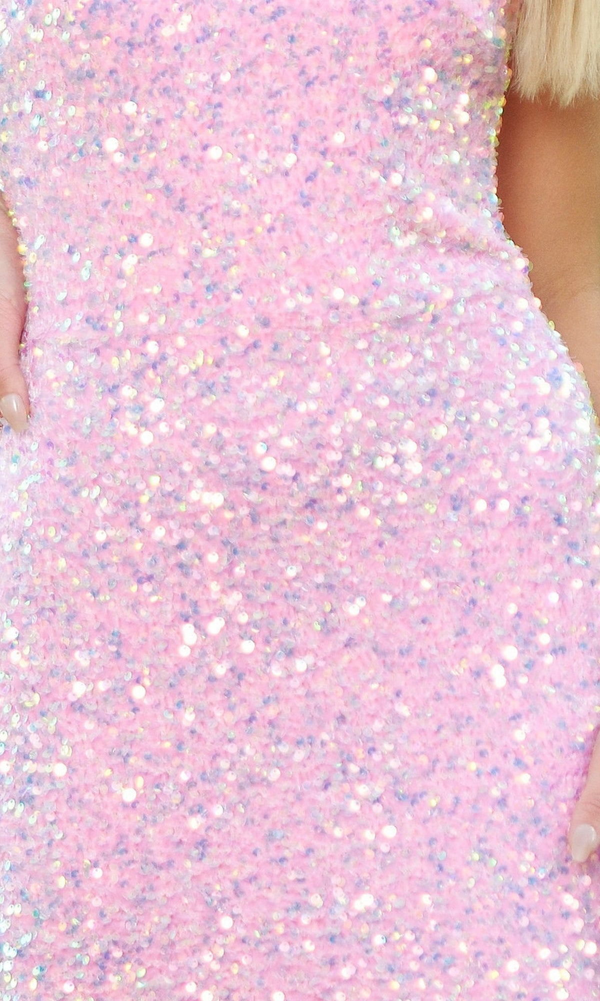 Close-up of a person wearing the Velvi One-Shoulder Long Sequin Prom Dress Stardust in sparkly pink, showing only the torso and hands; face not visible.