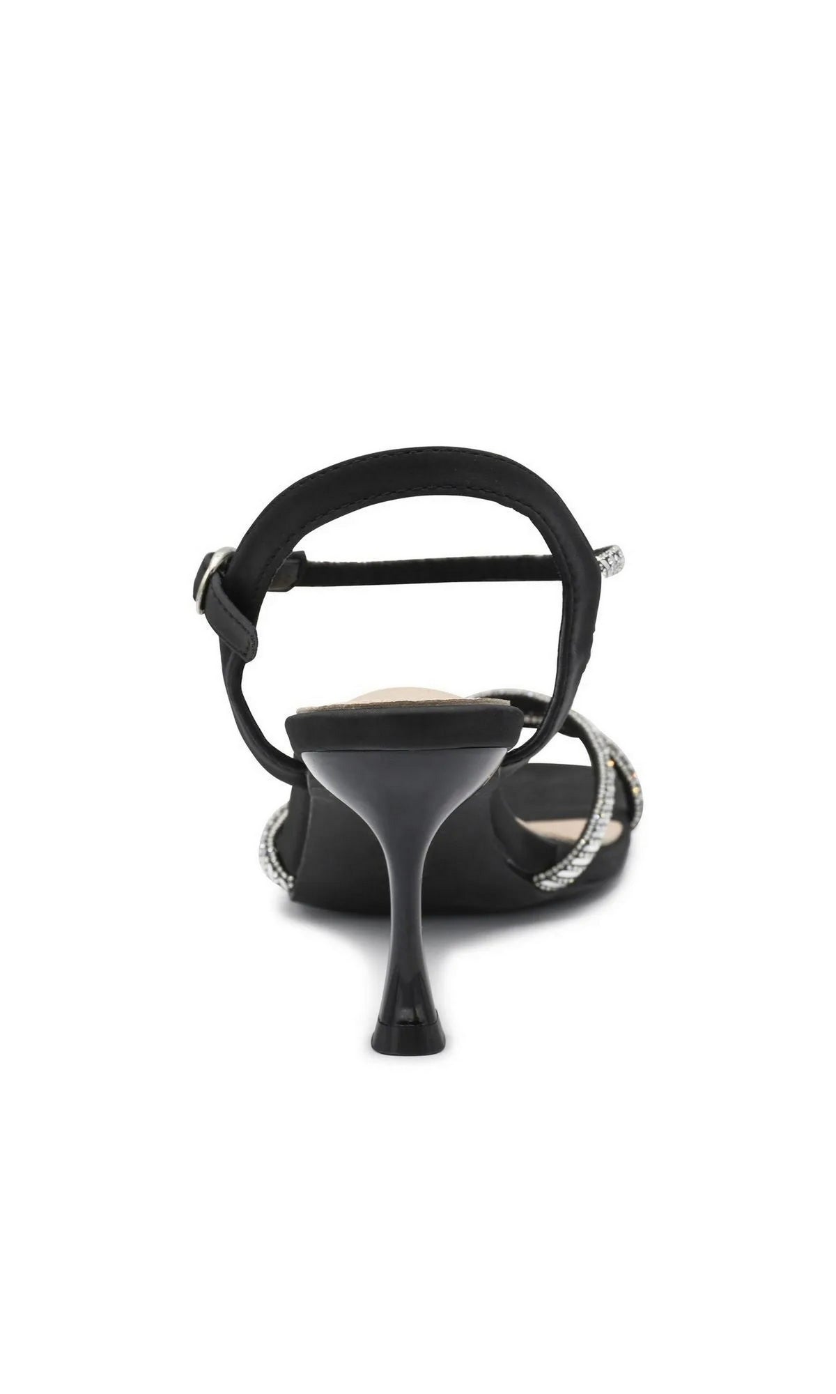 Back view of Sunny Black Prom Shoes: Touch Ups 4735, a black strappy kitten heel with an ankle strap.