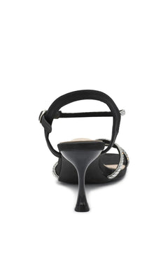Back view of Sunny Black Prom Shoes: Touch Ups 4735, a black strappy kitten heel with an ankle strap.