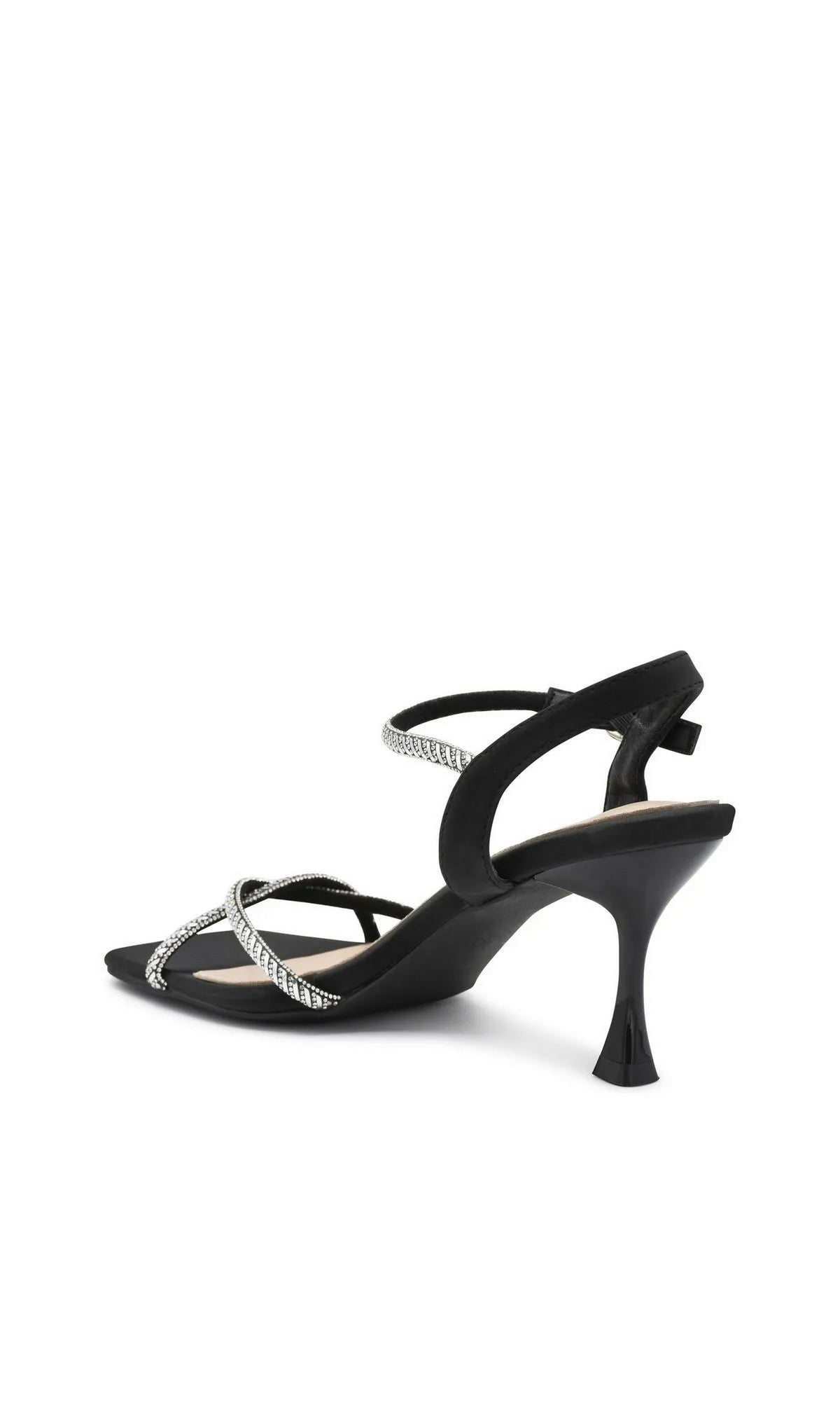 Sunny Black Prom Shoes: Touch Ups 4735 are black stiletto heels featuring thin, rhinestone-embellished straps and an adjustable ankle strap.