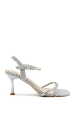 Sunny Silver Prom Shoes: Touch Ups 4733 silver glitter slingback sandals with a flared heel and crystal-embellished toe straps.