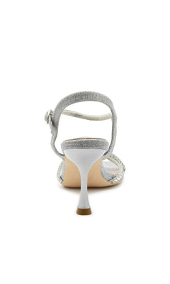 Back view of Sunny Silver Prom Shoes: Touch Ups 4733, a silver glittery kitten-heel sandal with a crystal ankle strap.
