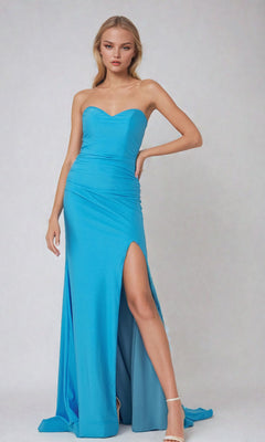 A woman models the Tight Long Sweetheart Strapless Formal Dress T1139, featuring a bright blue hue, sweetheart neckline, and high slit, standing against a plain light background.