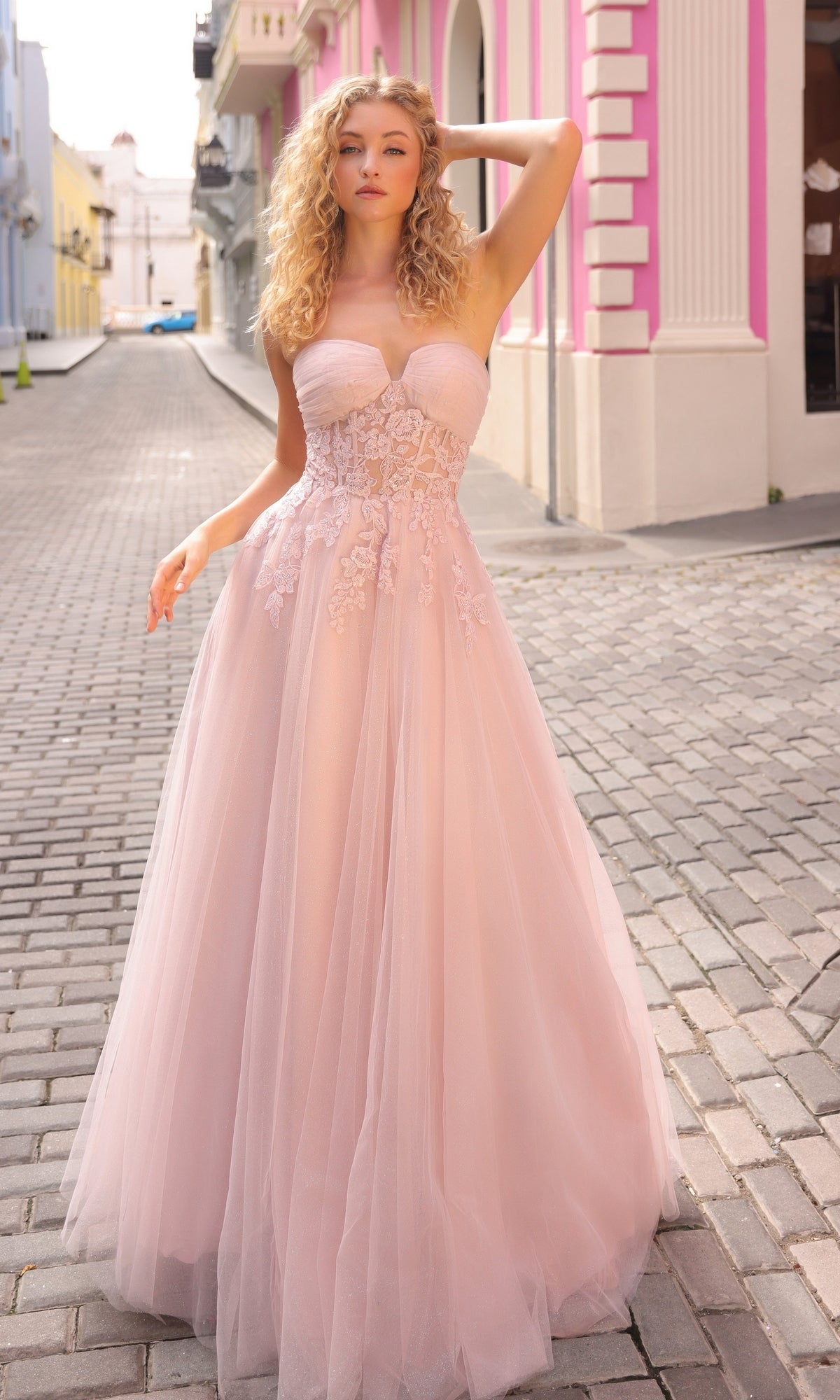 Strapless Sheer-Waist Long Prom Ball Gown T1326