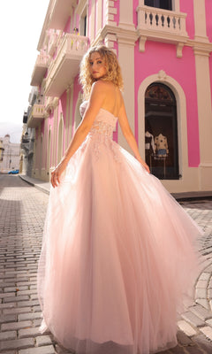 A woman poses with her back to the camera on a cobblestone street in front of a pink and white building, wearing the Strapless Sheer-Waist Long Prom Ball Gown T1326 in blush pink with elegant pleats and a flowing silhouette.