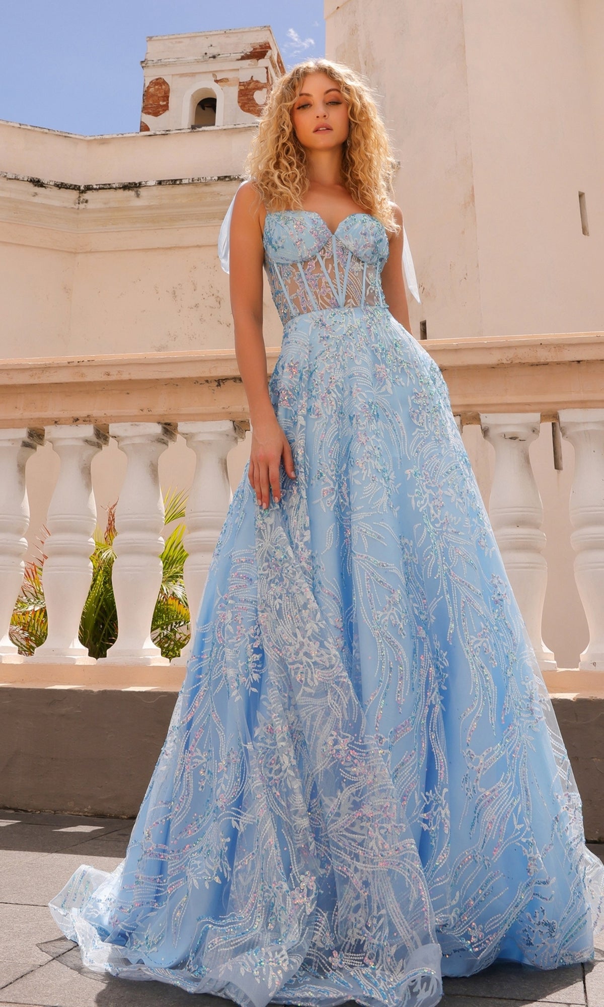Sequin-Print Long Prom Dress with Bows Aqua Blue / 4 Sequin-Print Long Prom Dress with Bows Aqua Blue / 4