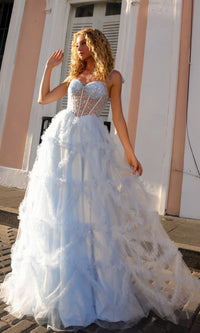 Shoulder-Bows Long Ruffled Prom Gown T1340