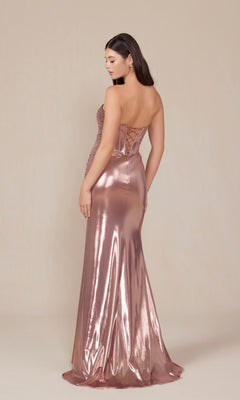 A woman faces away, wearing the Pleated Metallic Long Prom Dress Nox Anabel T1499 in rose gold, featuring a strapless neckline, lace-up corset back, fitted floor-length silhouette, and pleated details against a plain background.