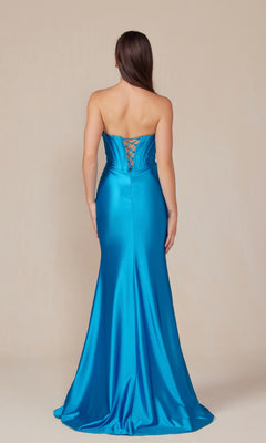 A woman faces away, wearing the Nox Anabel T1500: a strapless long prom dress with a sweetheart neckline, blue satin fabric, corset-style bodice, and lace-up back detail.