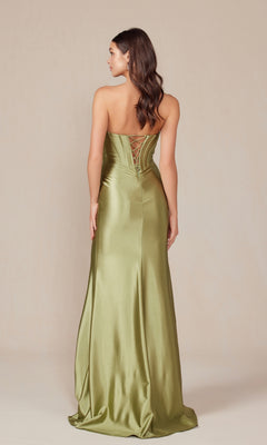 A woman faces away from the camera, wearing the Nox Anabel T1500— a strapless long corset prom dress with an olive green satin floor-length skirt and a lace-up back— set against a plain background.