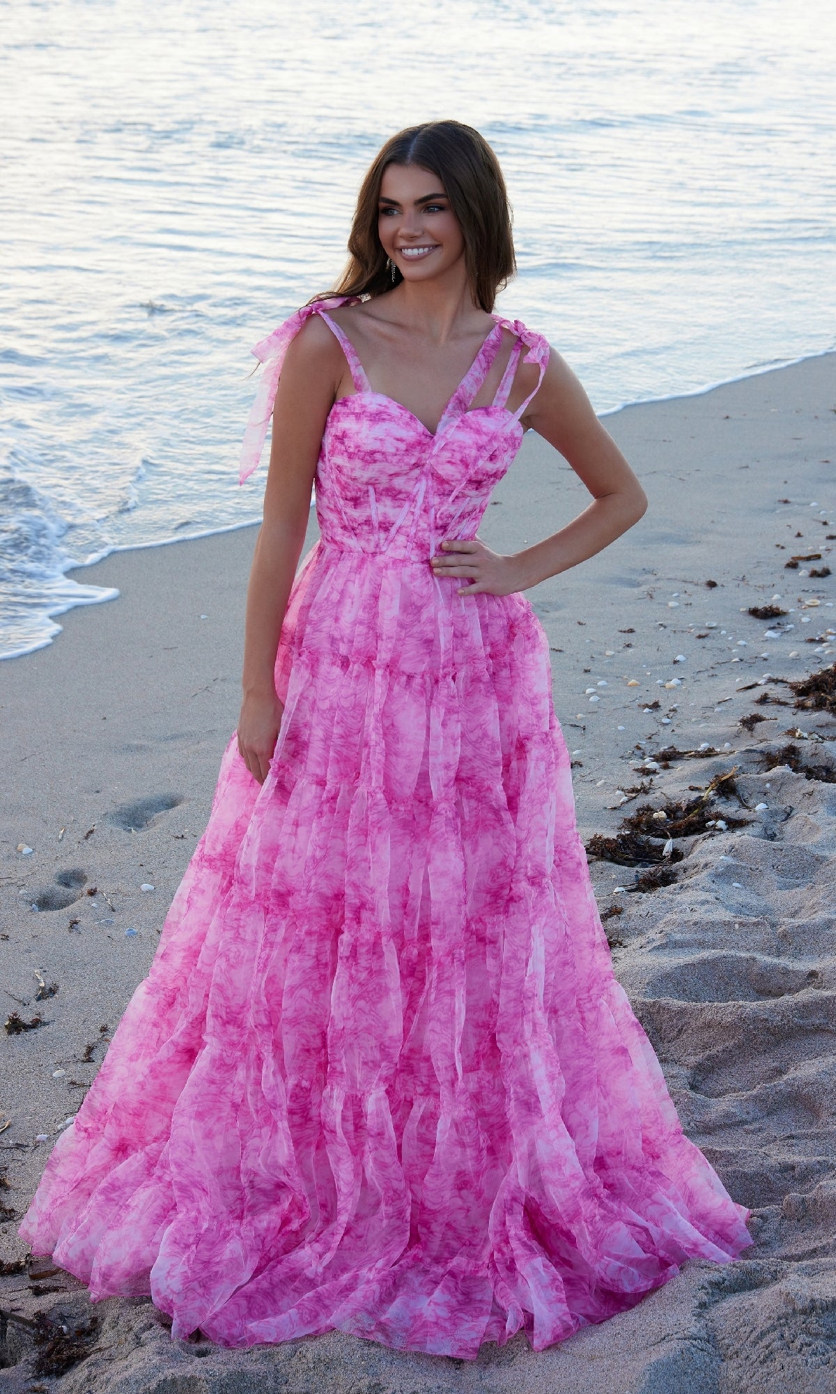 Ruffled Long Tie-Dye Prom Dress with Shoulder Ties Fuchsia / 8