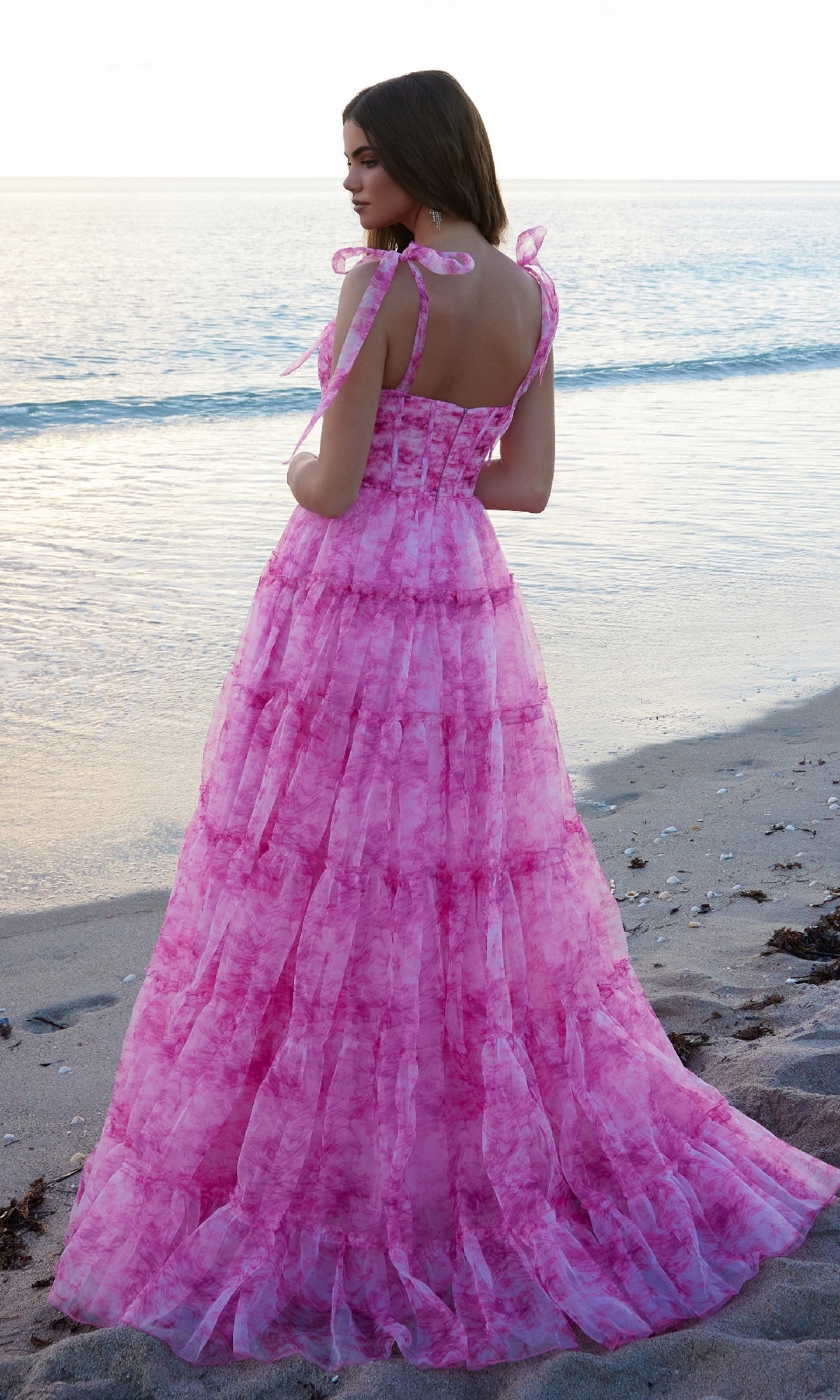 Ruffled Long Tie-Dye Prom Dress with Shoulder Ties – PromGirl