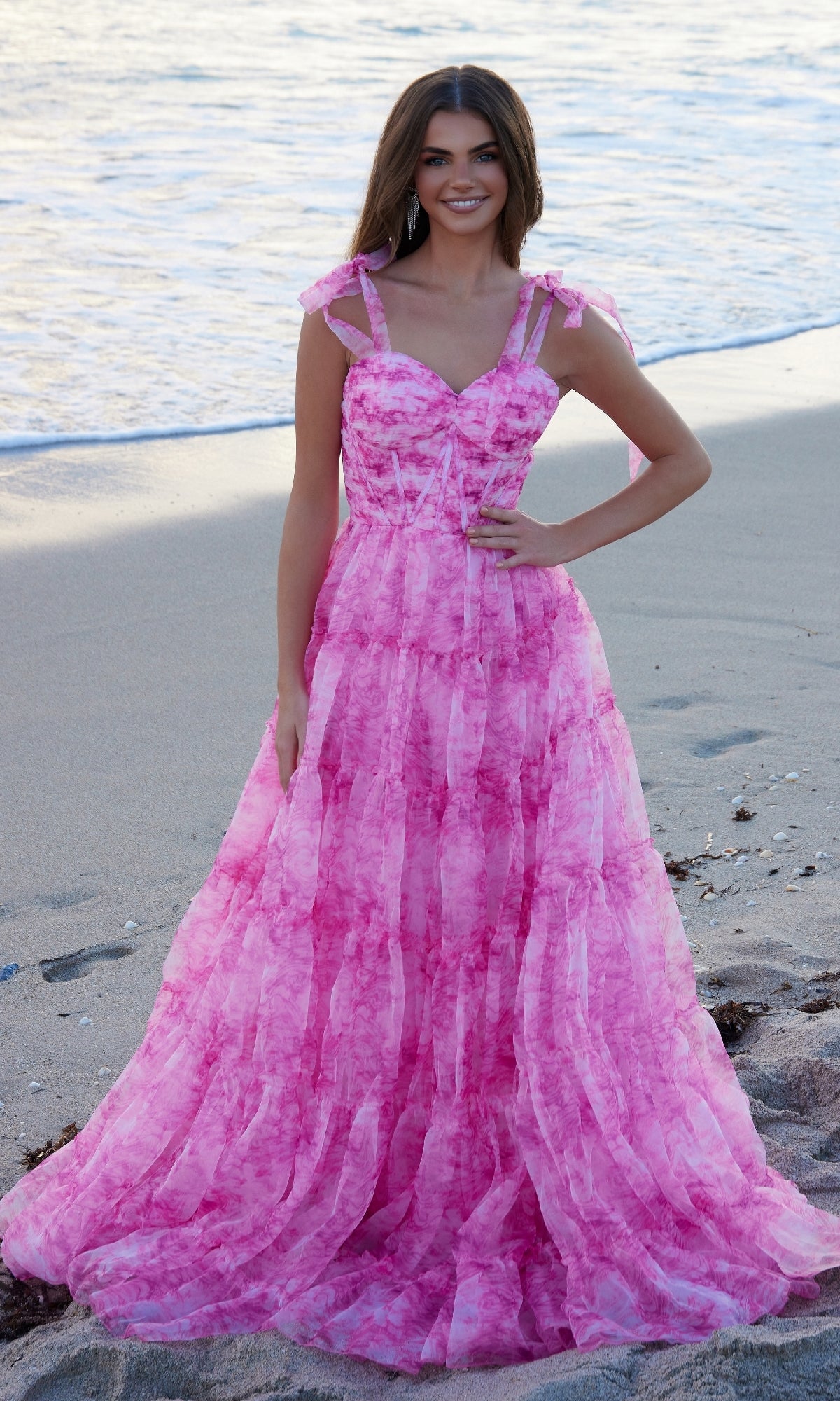 Ruffled Long Tie-Dye Prom Dress with Shoulder Ties – PromGirl