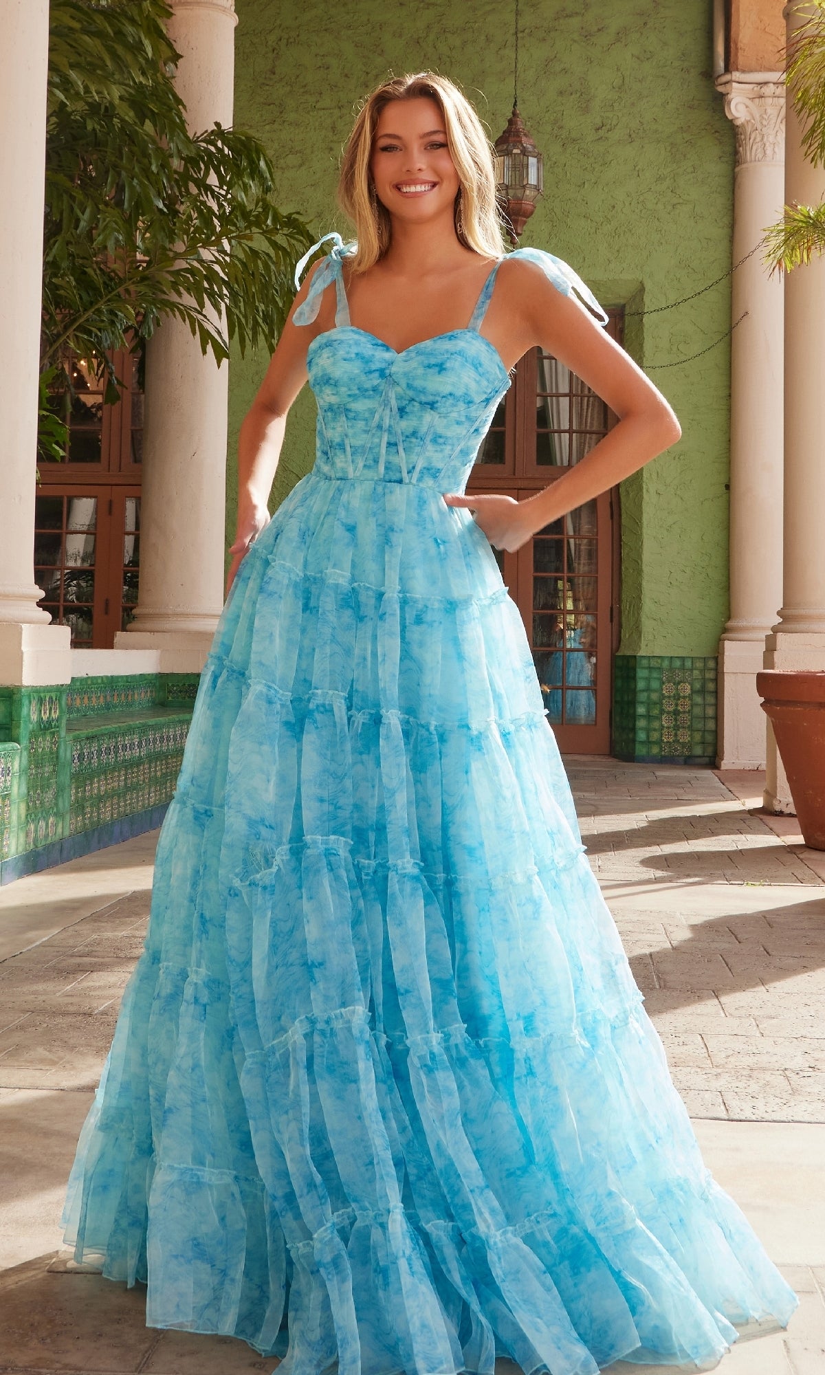 Tie-Dye Long Ruffle Prom Dress: Nox Anabel T1501 Ocean Blue / 00