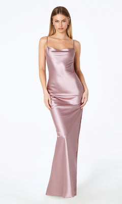 A woman models the Cowl-Back Sexy Long Prom Dress: Astee T2000, a form-fitting, floor-length mauve satin gown with thin straps, against a plain white background.
