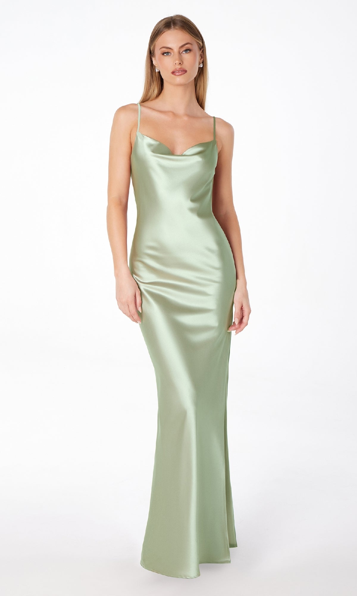 A woman models the Astee T2000 Cowl-Back Sexy Long Prom Dress in sage, featuring thin straps, against a plain white background.