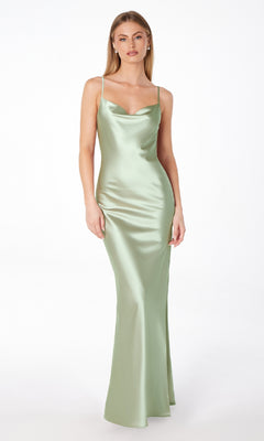 A woman models the Astee T2000 Cowl-Back Sexy Long Prom Dress in sage, featuring thin straps, against a plain white background.