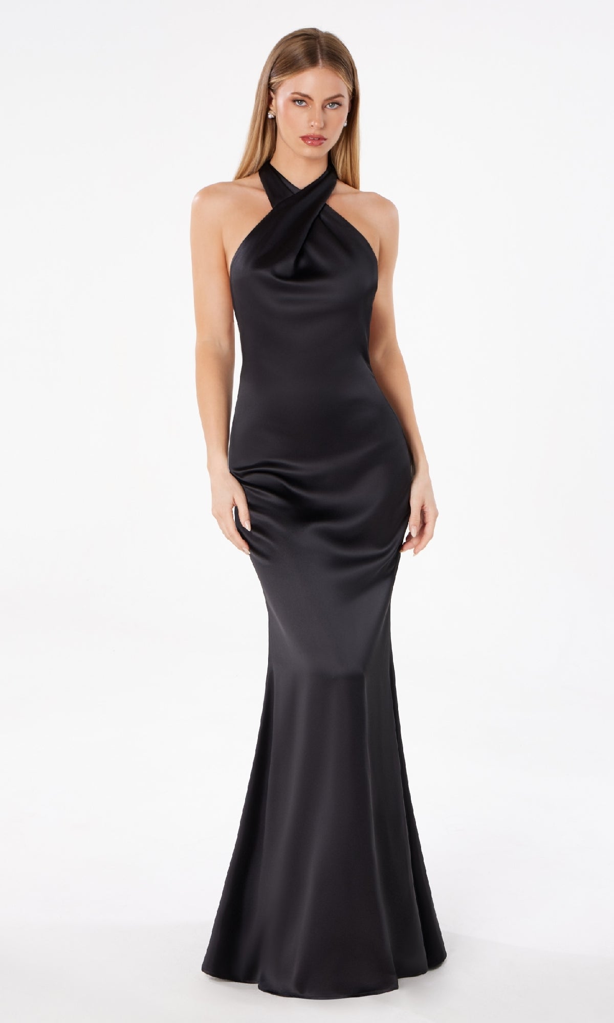 A woman models the Criss-Cross Halter Long Prom Dress: Astee T2005, a fitted black satin gown, standing against a plain white background and exuding timeless elegance.