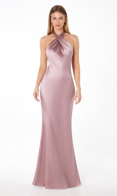 A woman models the Astee T2005 Criss-Cross Halter Long Prom Dress in mauve satin—a sleeveless, floor-length gown with a halter neckline—perfect for formal events, set before a plain white background.
