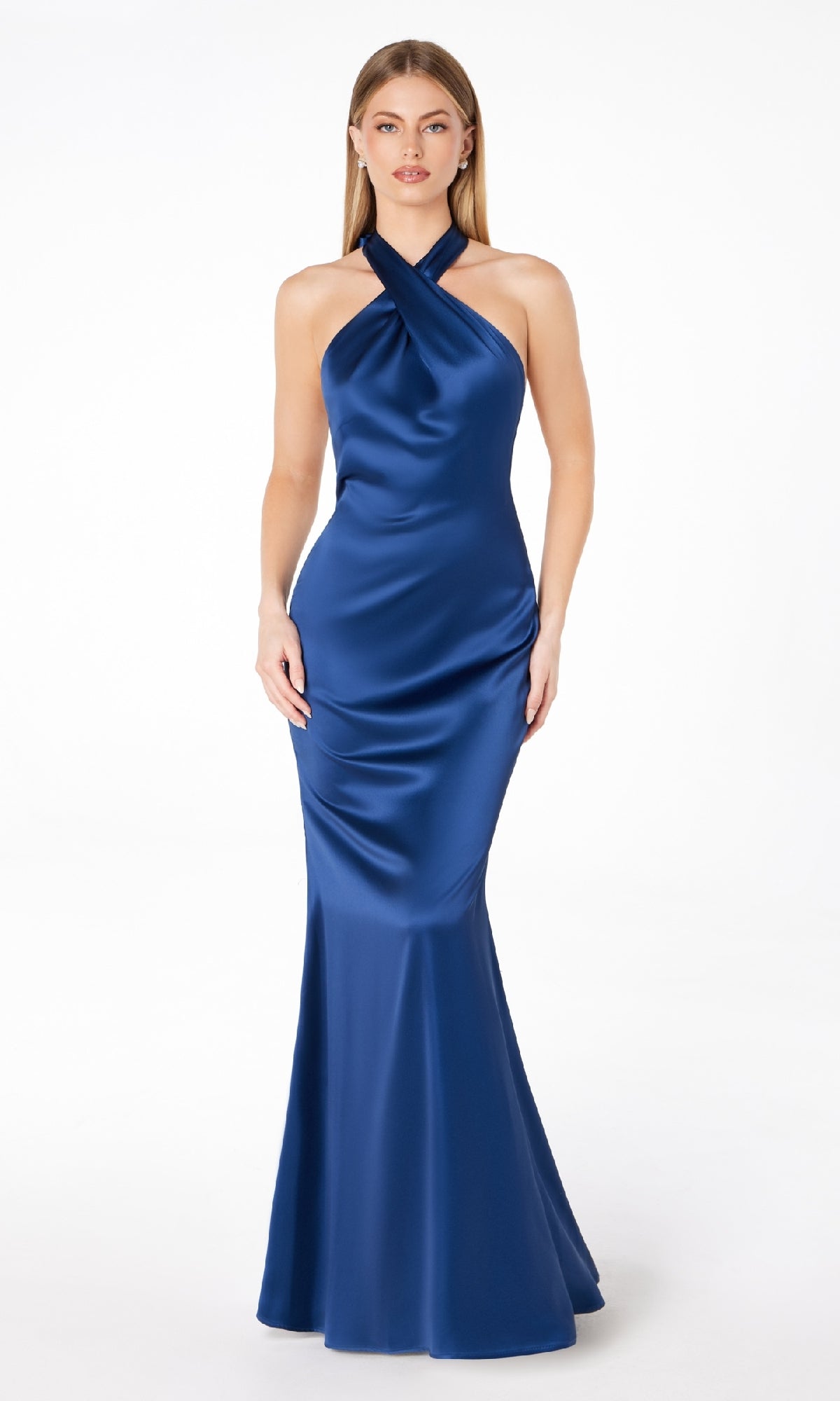 A woman wears the Astee T2005 Criss-Cross Halter Long Prom Dress, a sleeveless royal blue satin gown, standing against a plain white background.