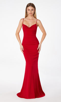 A woman wears the Astee T2008 Cowl Open-Back Long Prom Dress, a fitted red spaghetti-strap gown, posing against a plain white background.
