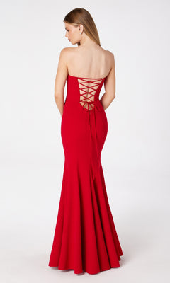 A woman models the Astee T2010 Lace-Up Strapless Long Prom Dress, posing against a plain white background.