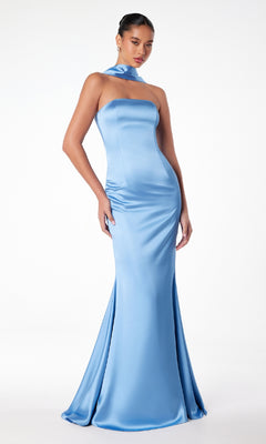 A woman models the Choker-Sash Strapless Long Prom Dress: Astee T2012, a fitted light blue satin gown with a straight neckline and matching neck sash, posing against a plain white background.