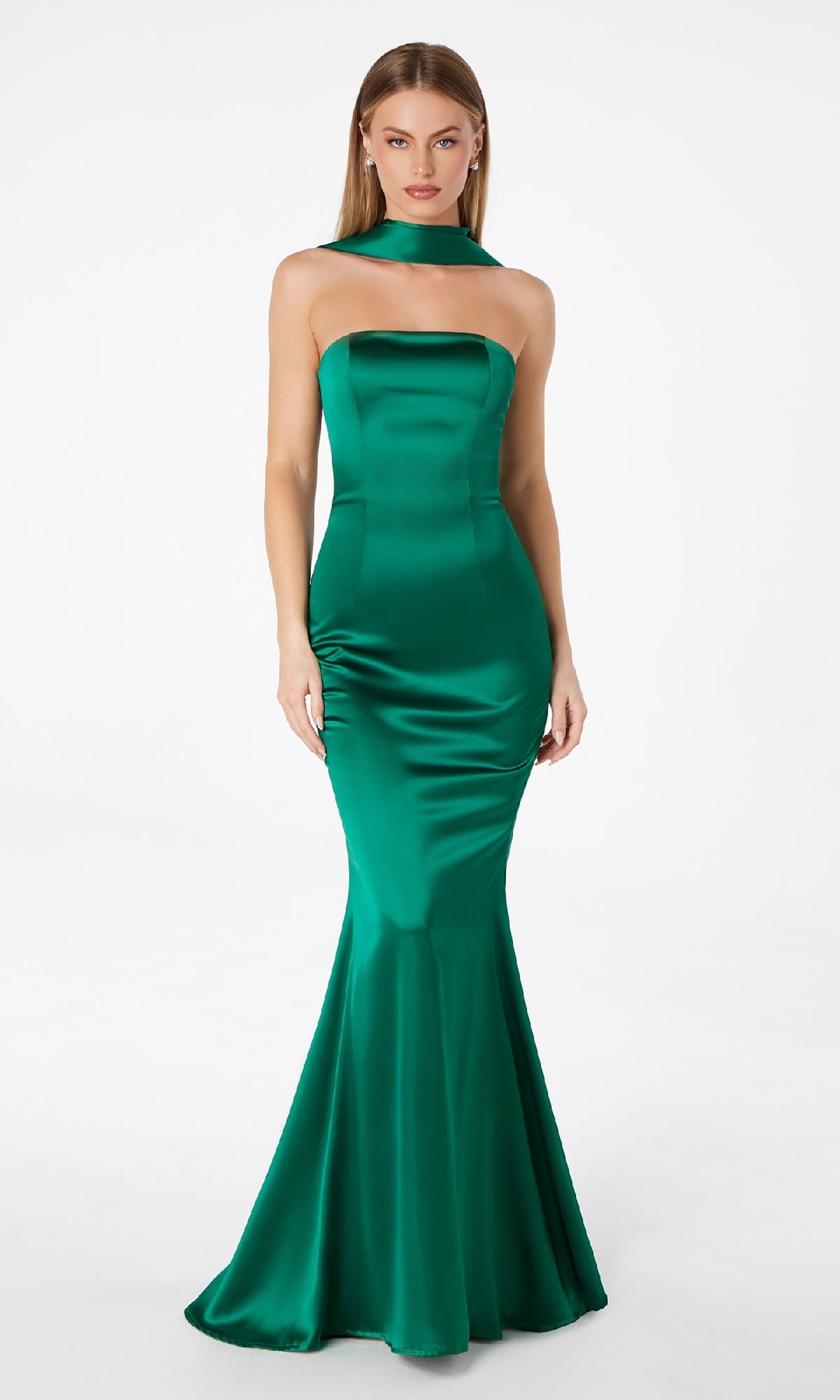 A woman stands against a plain white background in the Choker-Sash Strapless Long Prom Dress: Astee T2012, a sleeveless, floor-length green gown with a fitted bodice.