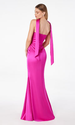 A woman stands facing away in the Astee T2012 Choker-Sash Strapless Long Prom Dress: a sleeveless, floor-length bright pink formal gown with a fitted bodice and long sash detail.