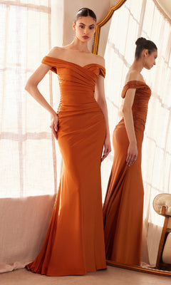 A woman in the Amoris T402 Off-Shoulder Long Ruched Prom Dress poses by a mirror, showcasing its elegant ruched bodice and floor-length skirt—an affordable, standout choice for formal occasions.