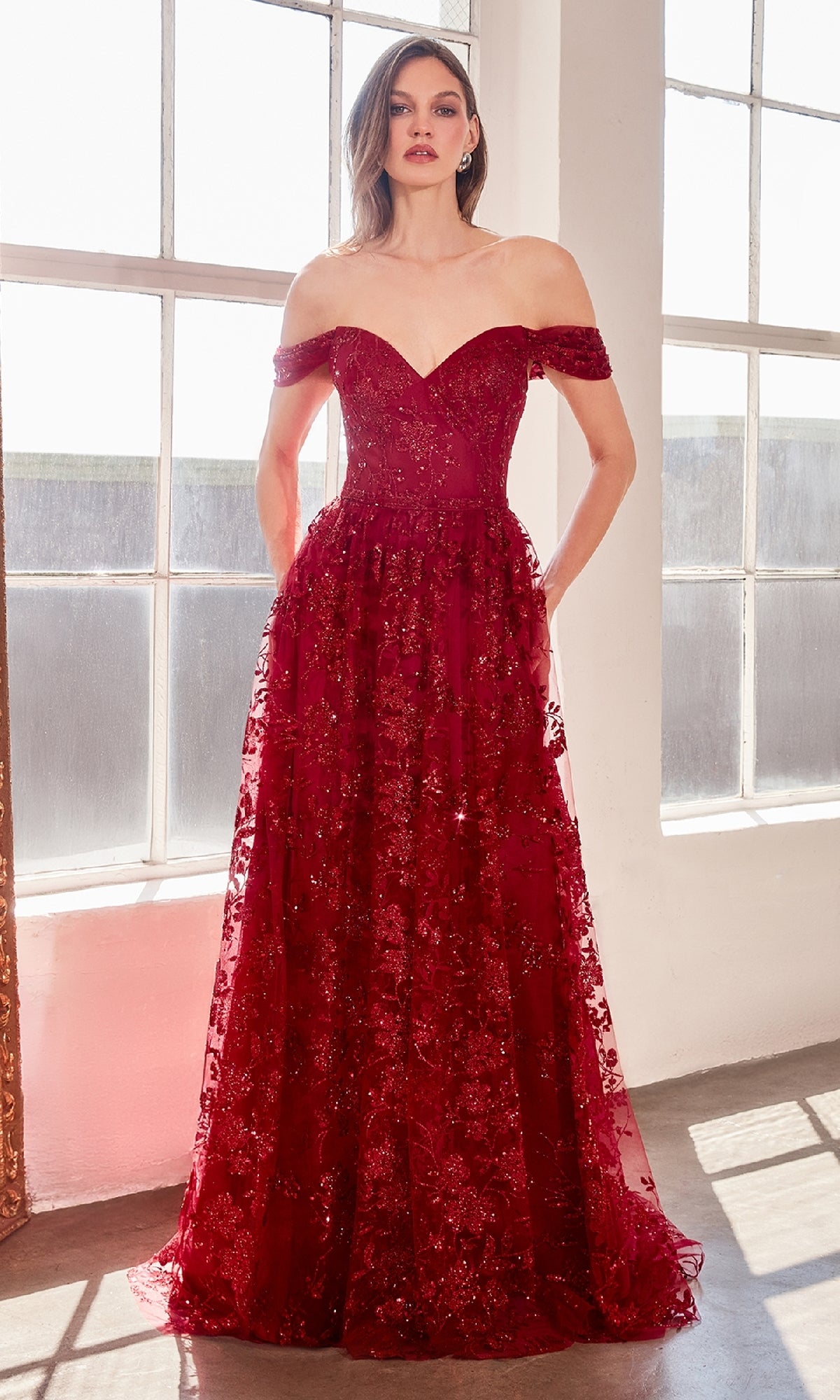Off-the-Shoulder Long Prom Dress with Glitter Print Burgundy / 2XLarge Off-the-Shoulder Long Prom Dress with Glitter Print Burgundy / 2XLarge