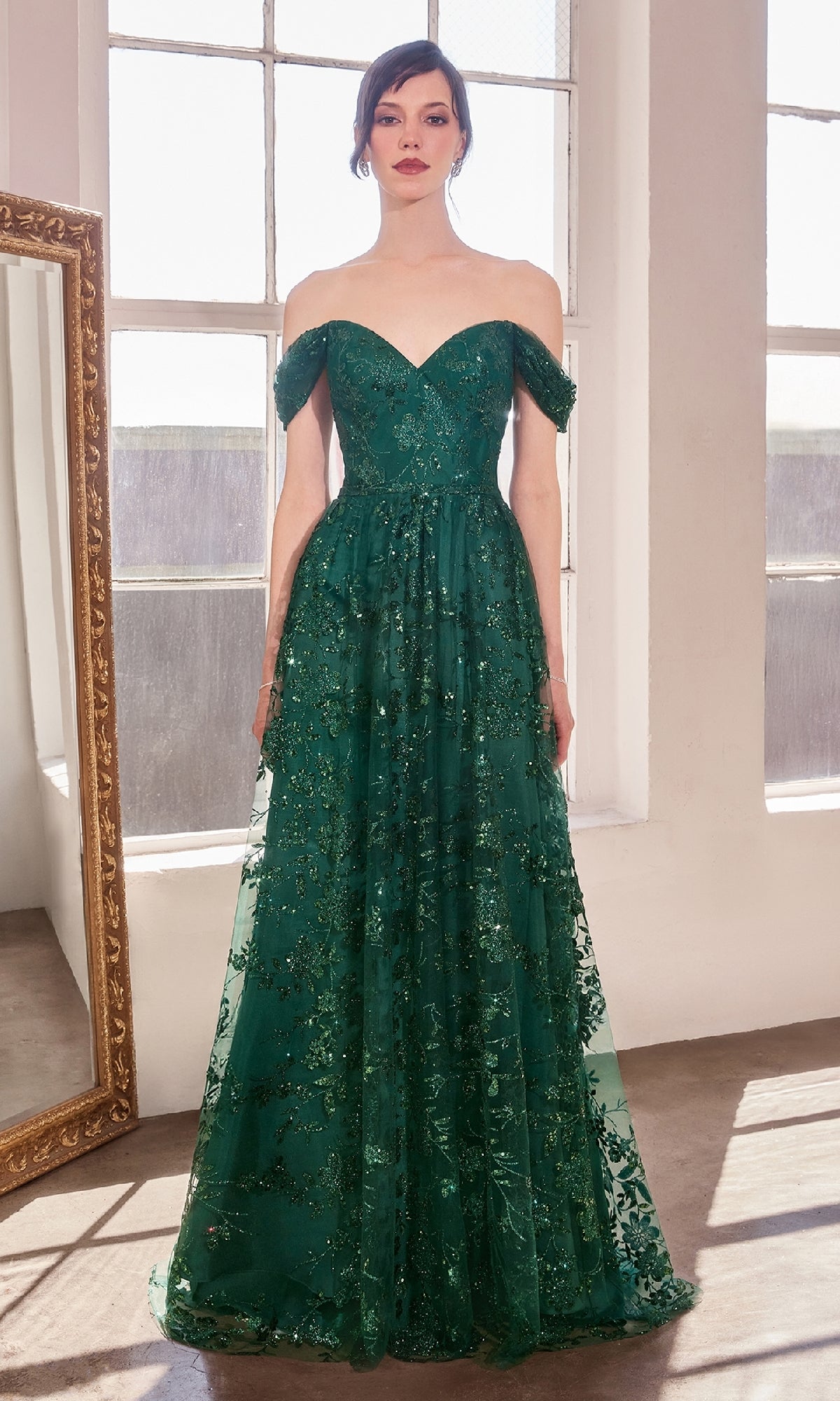 Off-the-Shoulder Long Prom Dress with Glitter Print Emerald / Medium