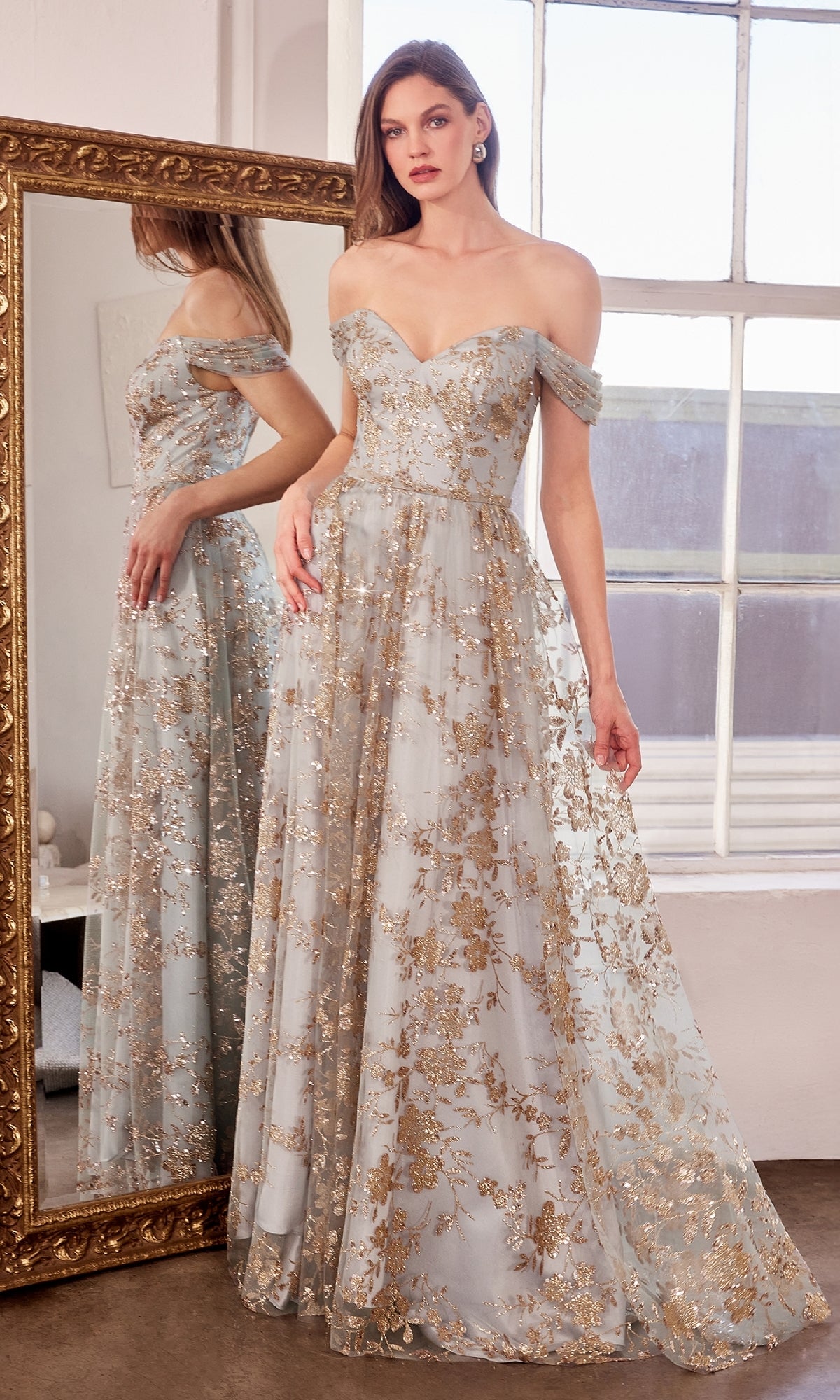 Off-the-Shoulder Long Prom Dress with Glitter Print– PromGirl