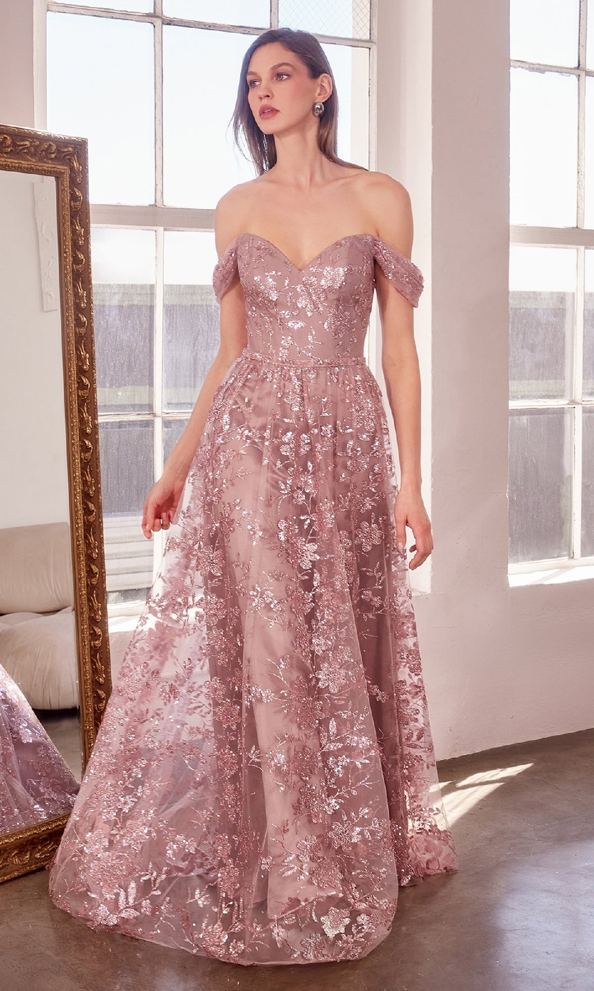 Off-the-Shoulder Long Prom Dress with Glitter Print PromGirl Off-the-Shoulder Long Prom Dress with Glitter Print PromGirl