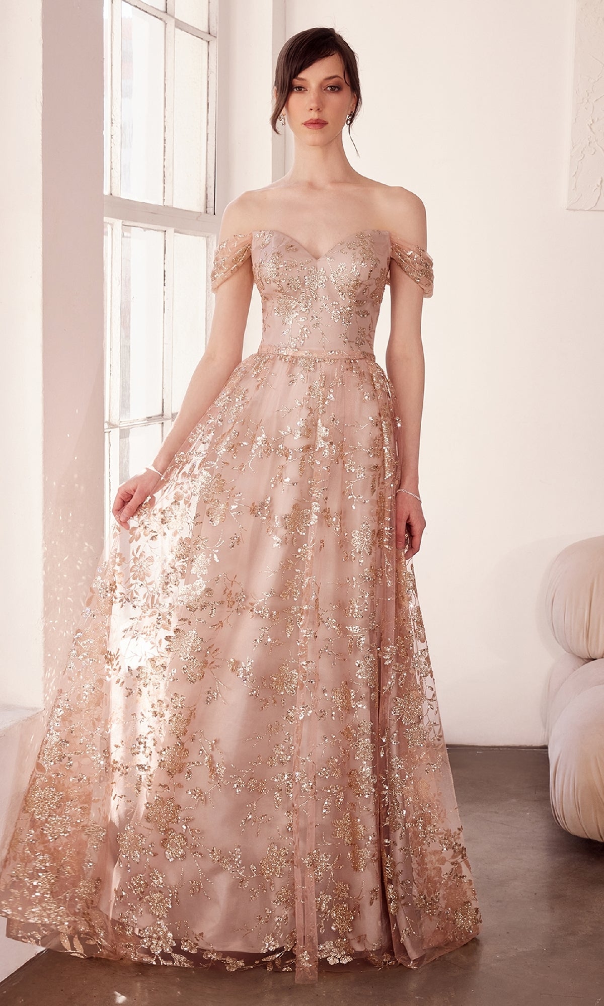 Off-The-Shoulder Long Prom Dress with Glitter Print Mocha Gold / XLarge