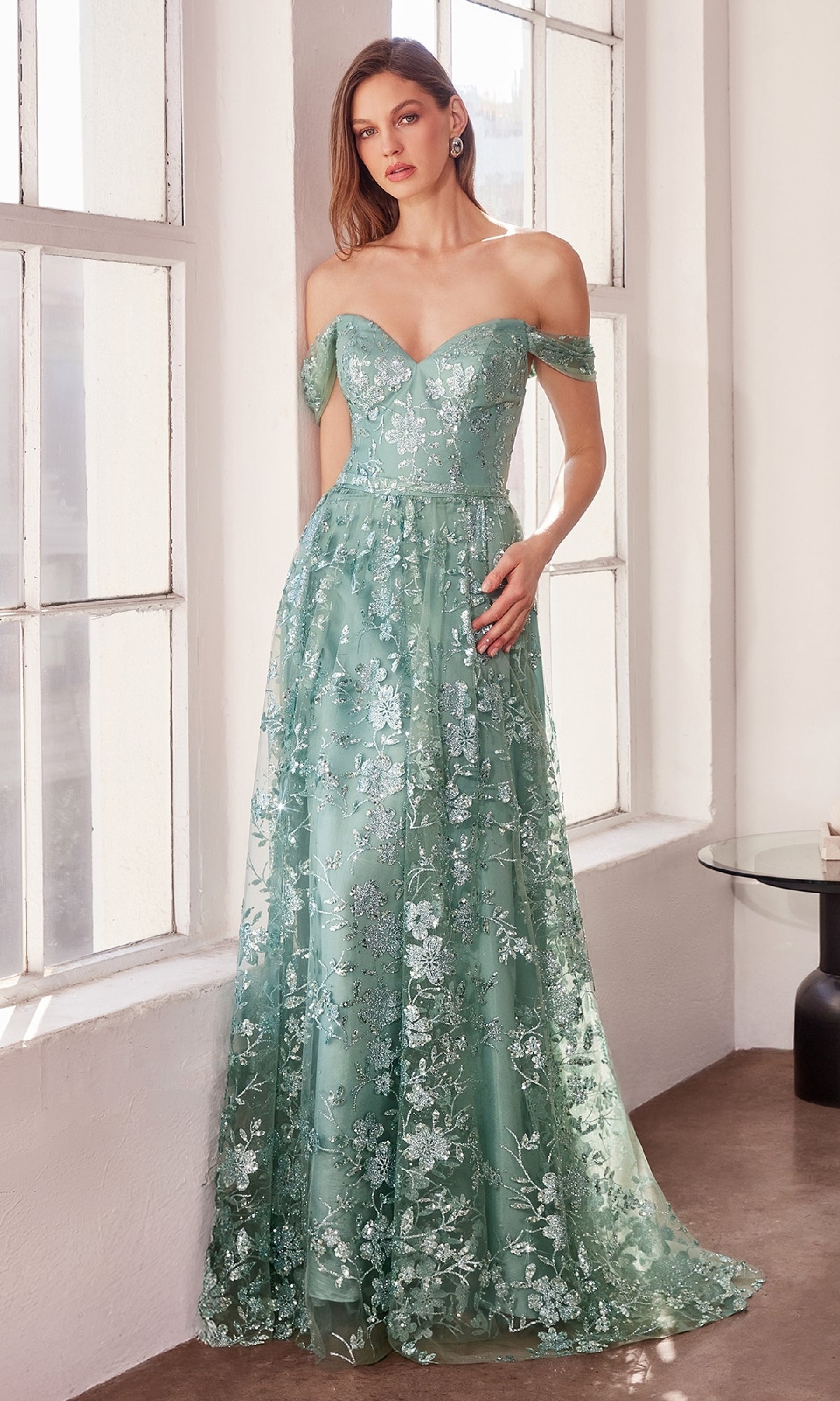 Off-The-Shoulder Long Prom Dress with Glitter Print Sage / Large