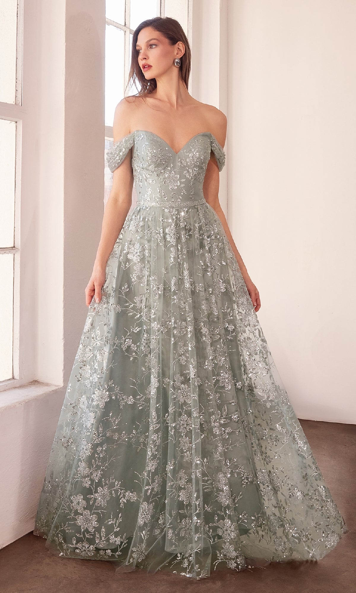 Off-The-Shoulder Long Prom Dress with Glitter Print Silver / 2XLarge