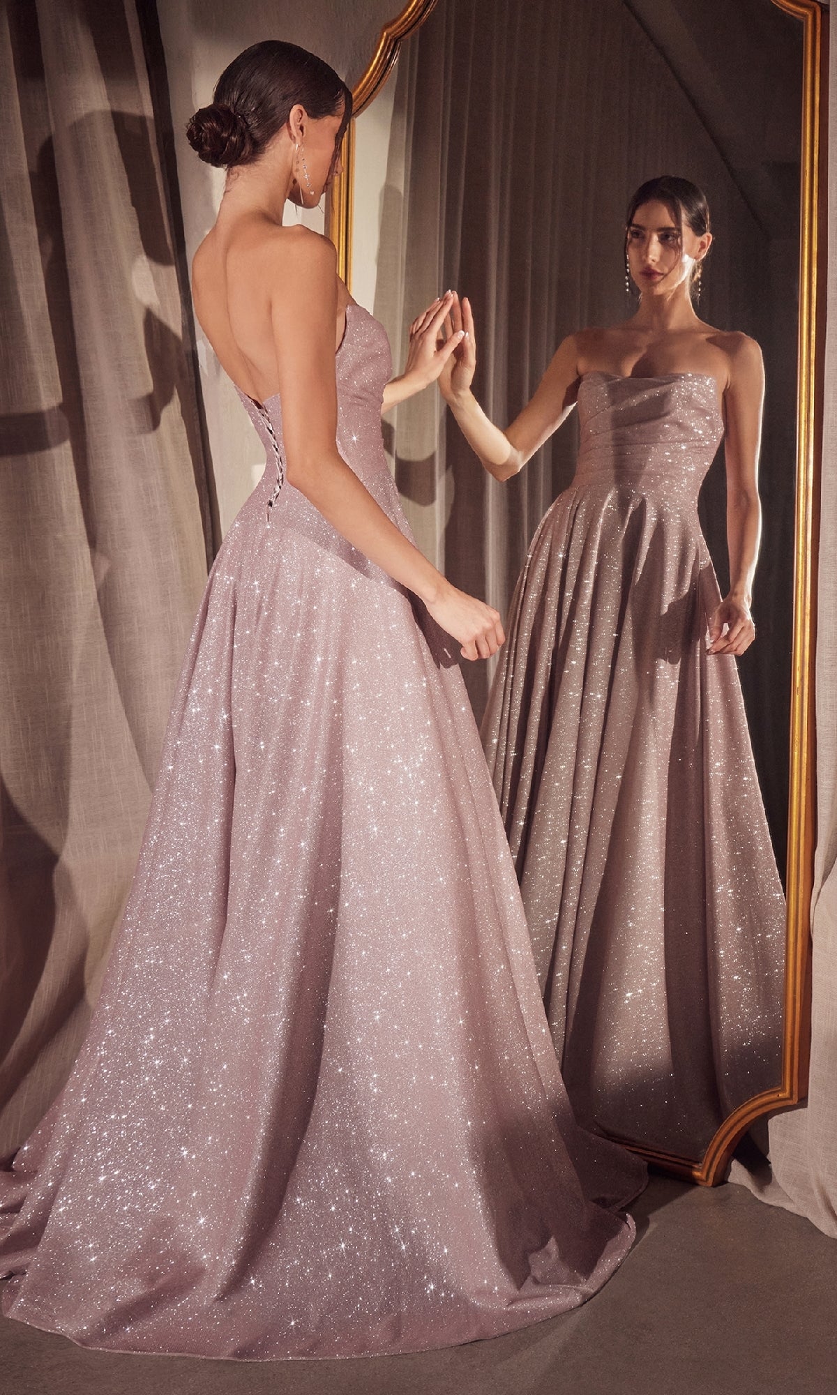 Lace-Up Strapless Long A-Line Prom Dress with Glitter Light Pink / Small