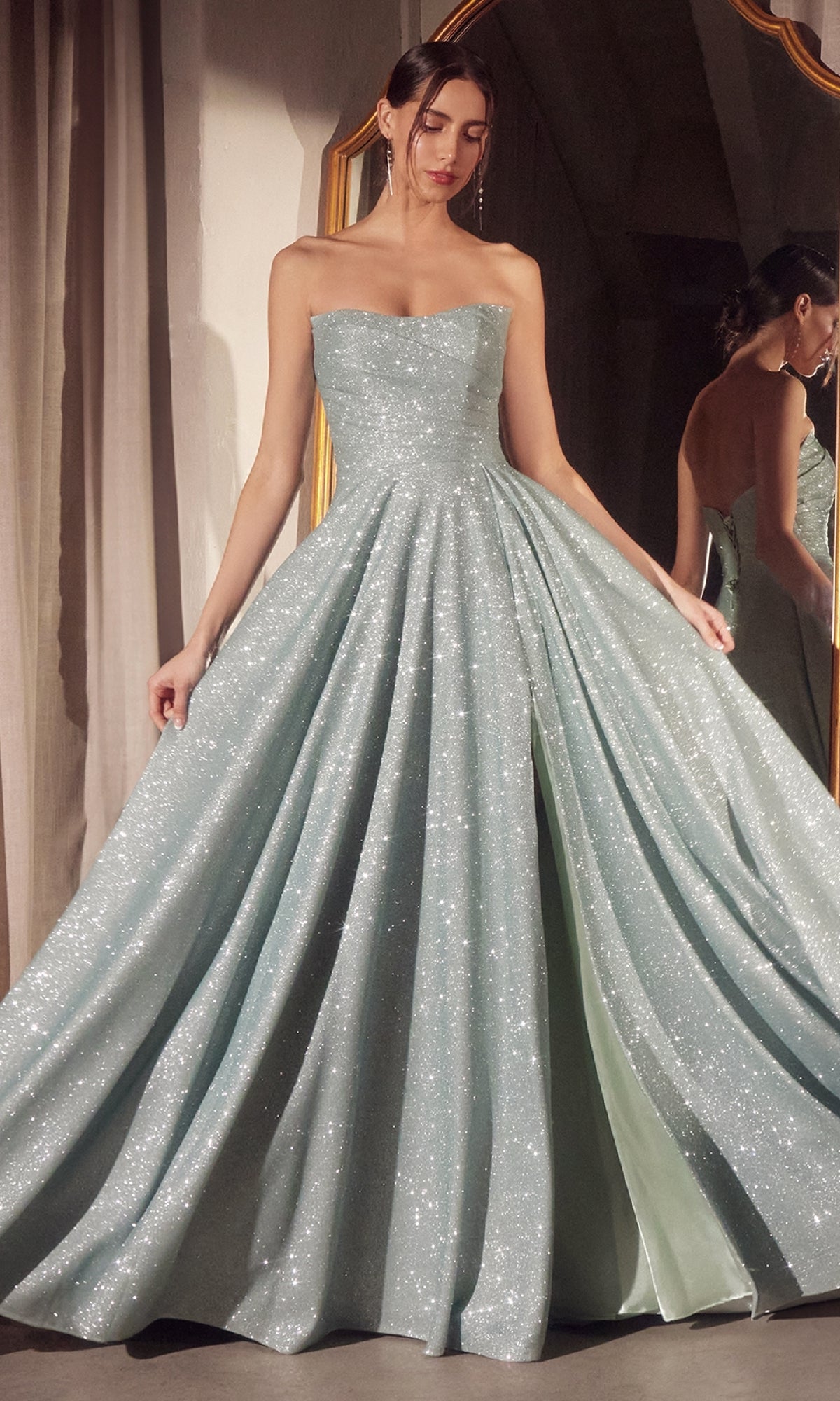 Lace-Up Strapless Long A-Line Prom Dress with Glitter Sage / 2XLarge Lace-Up Strapless Long A-Line Prom Dress with Glitter Sage / 2XLarge