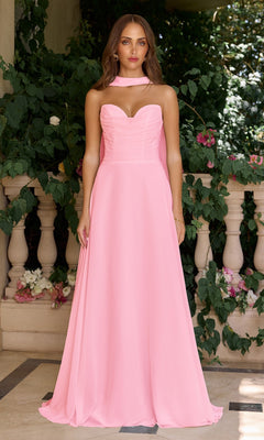 A woman in the Strapless Long Chiffon Prom Dress: CLT703, featuring a corset-style bodice and a-line skirt with a matching choker, stands in front of a vine-covered stone railing.
