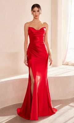 A woman models the Classic Strapless Long Prom Dress: Amoris T704—a floor-length red satin gown with a thigh-high slit—set against a neutral indoor background.
