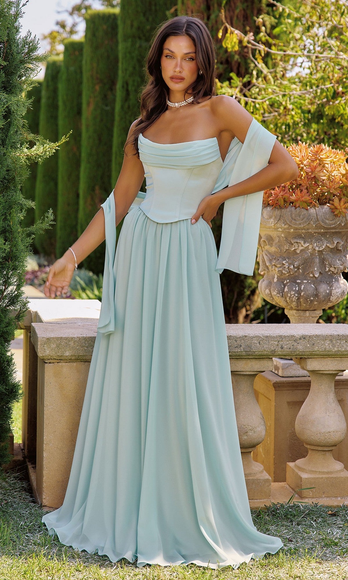 jade draped strapless corset dress Long Chiffon Prom with Lace-Up Light Blue / Large Style:CM6705D Apparel Size:Child Intermediate Expert corsetry boning sculpts Boho Lace A-Line Bridal